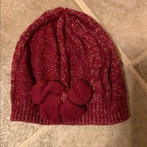 Girls Maroon Winter Hat with Glitter and a Bow